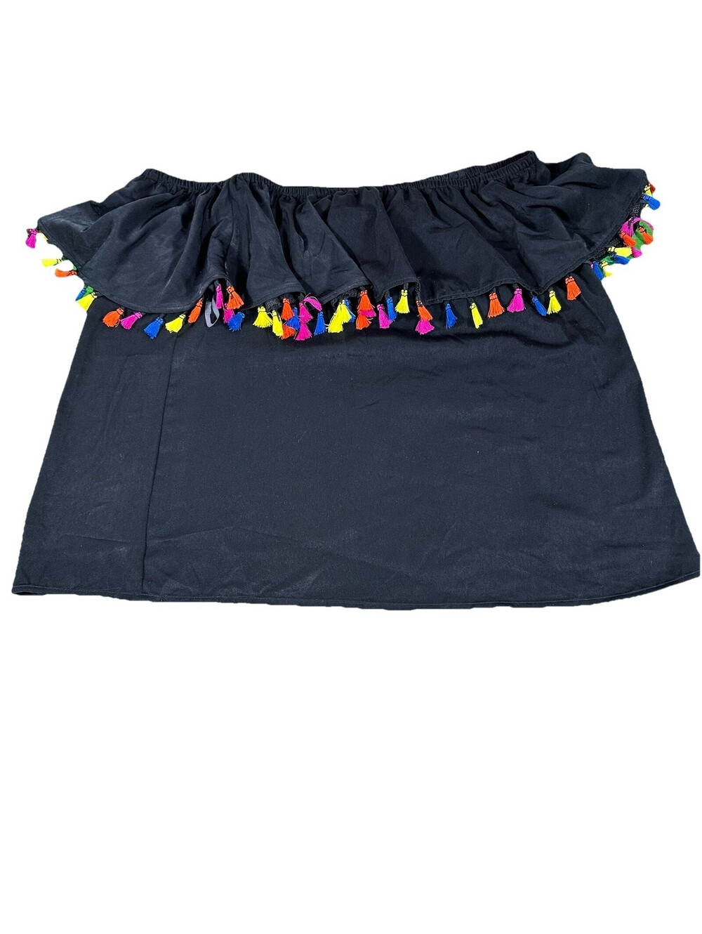 International Concepts L Black Off-Shoulder Top Colorful Popsicle Tassel Trim